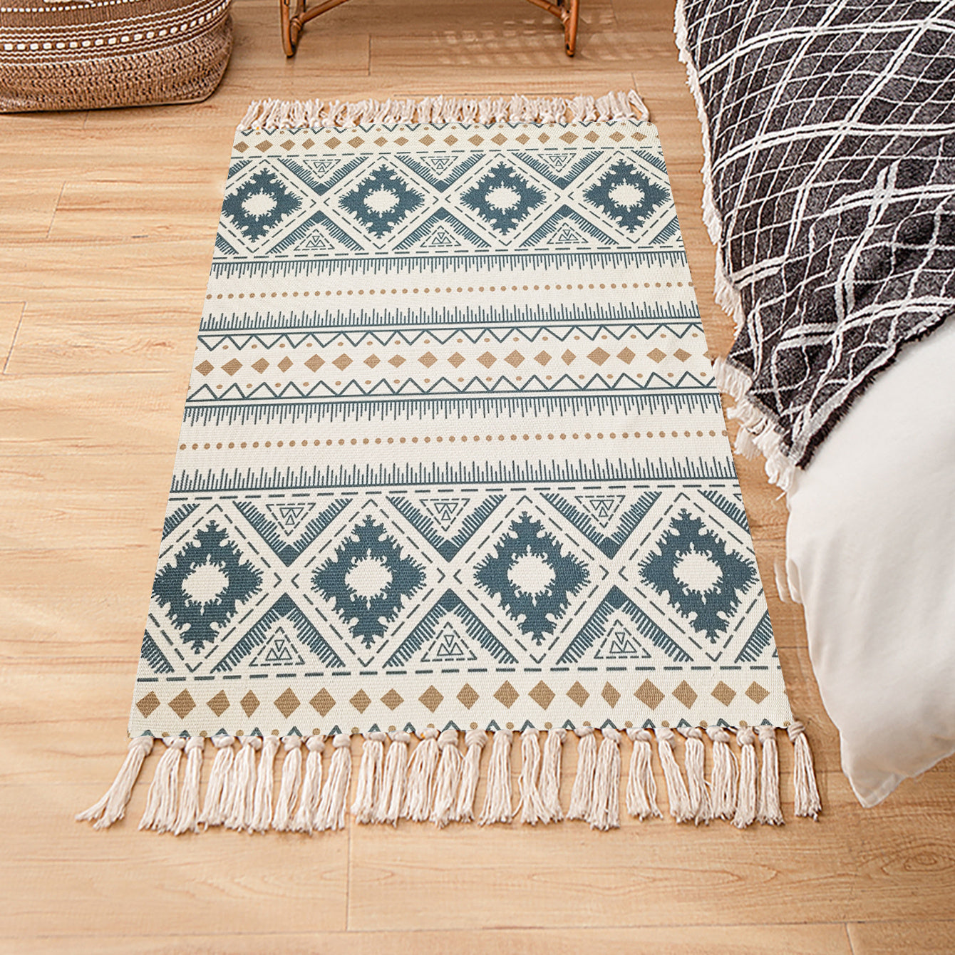 Boho Handwoven Linen Area Rug With Tassels Absorbent Bath Rug