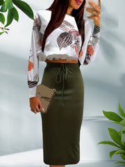 Casual Floral Print Long Sleeve Top & Solid Skirt Set Women's Outfit