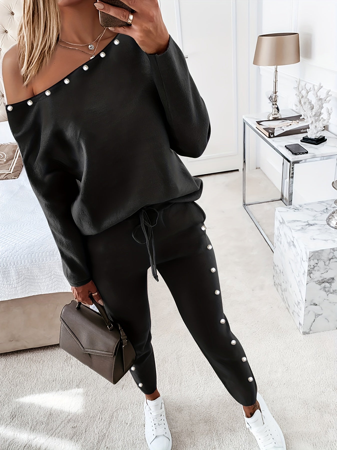 Beaded Two-piece Set Slanted Shoulder Long Sleeve Tops & Pants