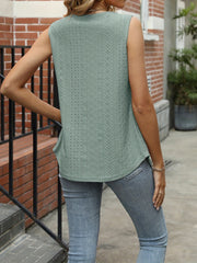 Eyelet Solid Tank Top Squared Neck Sleeveless Top Women's Clothing