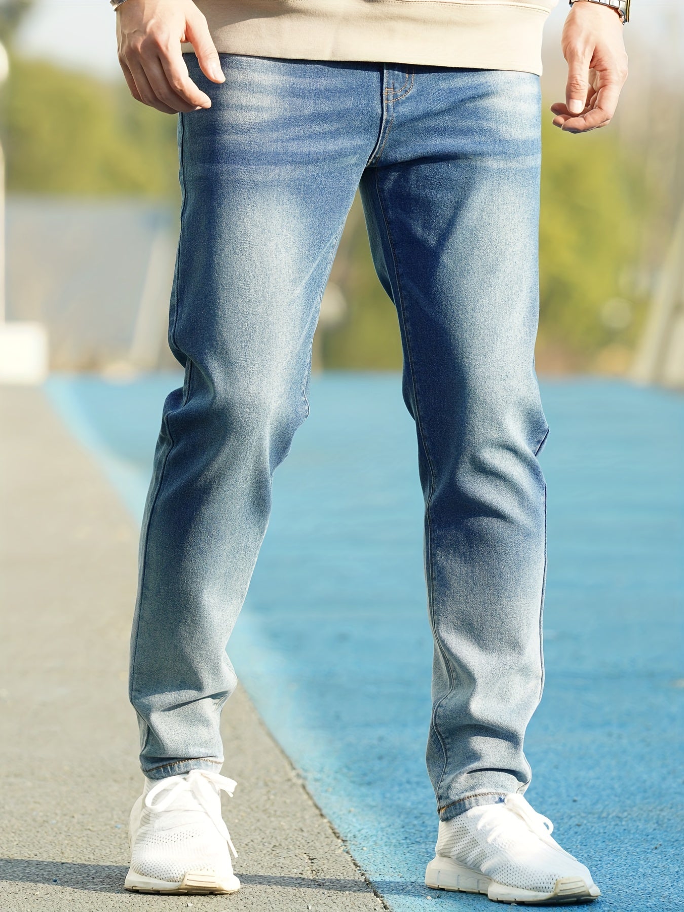 Slim Fit Jeans Mens Casual Street Style Solid Slightly Stretch Distressed Denim