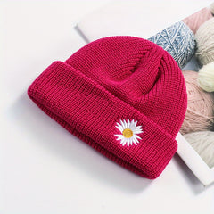 Daisy Embroidery Beanie Solid Skull Cap Lightweight Elastic Warm Knit Hat