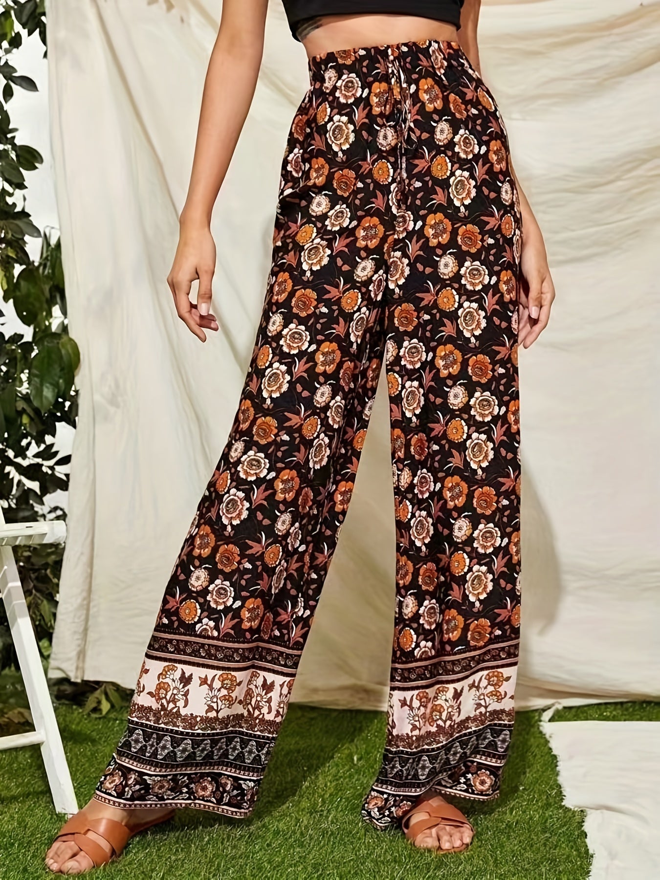 Floral Print Drawstring Pants Boho High Waist Pants