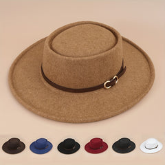 Buckle Flat Top Hat Wide Brim Sunshade Woolen Jazz Hat