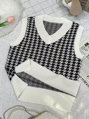Girls Houndstooth V Neck Knitted Sweater Vest