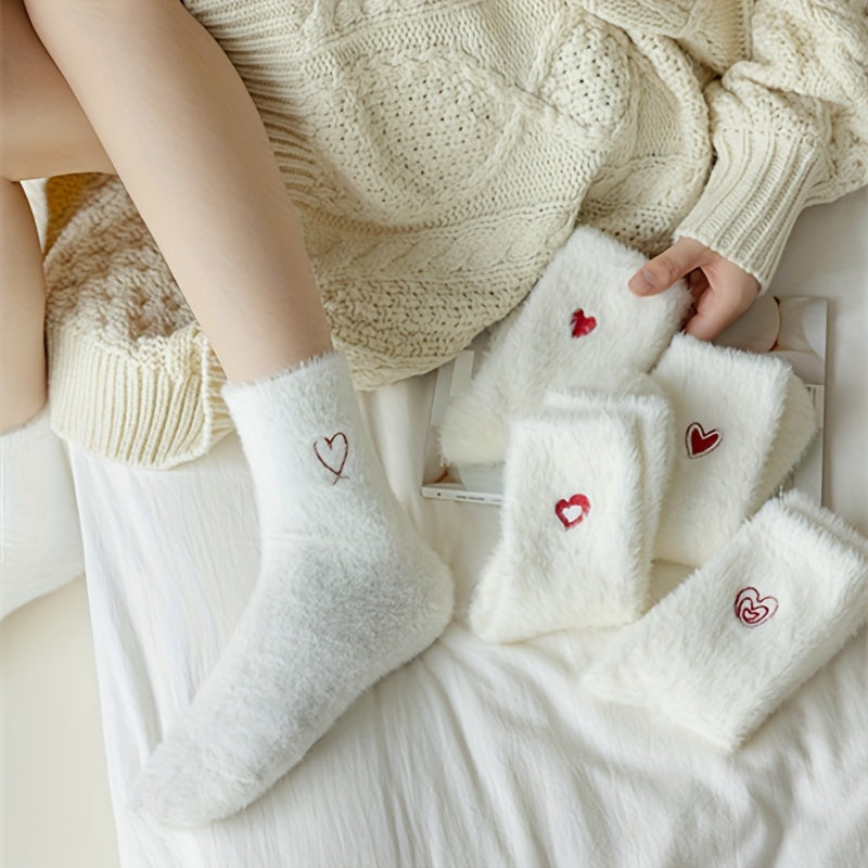 5 Pairs Heart Embroidery Socks Warm & Comfy Fuzzy Stockings