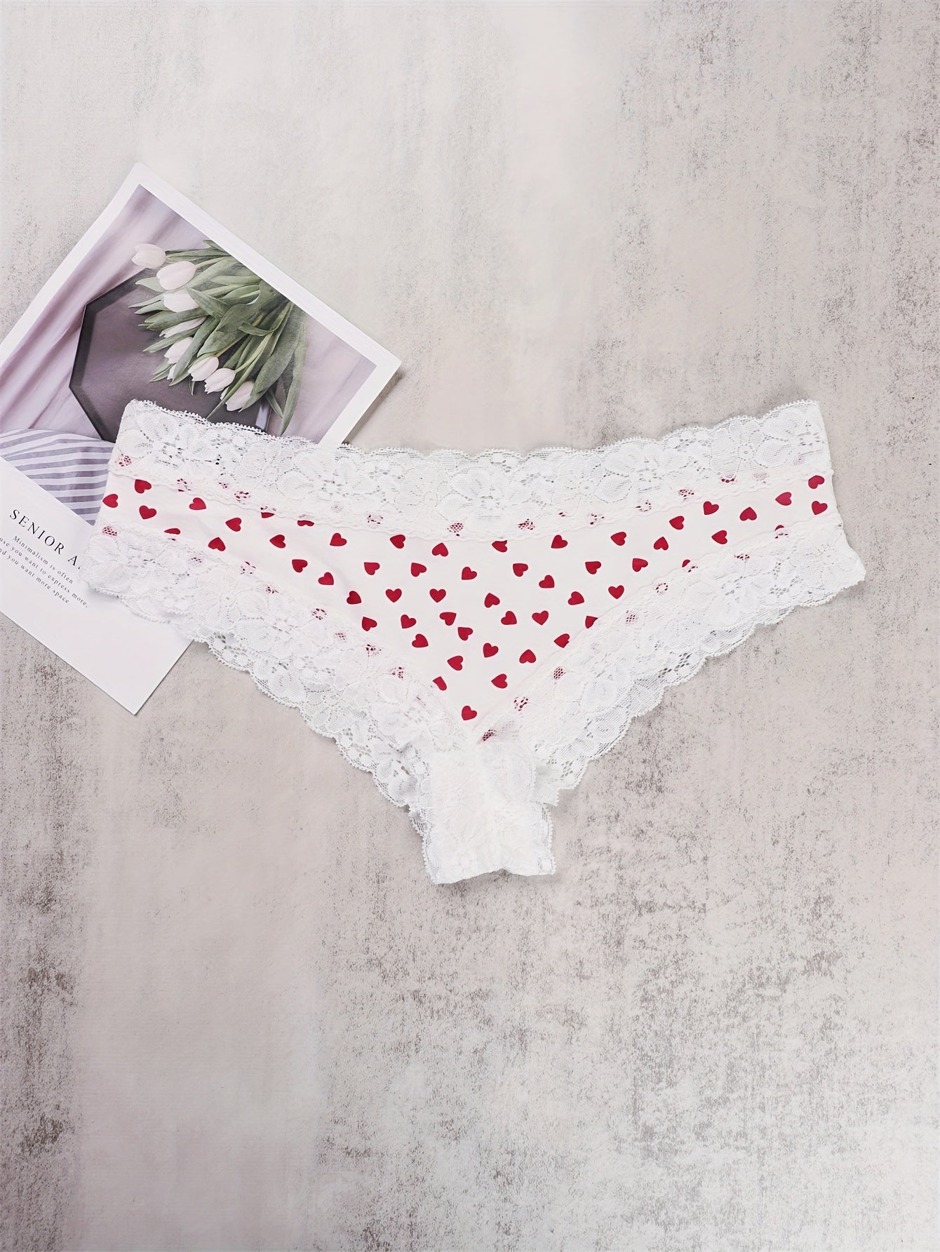 5 Pack Plus Size Lace Heart & Bow Print Panties Set