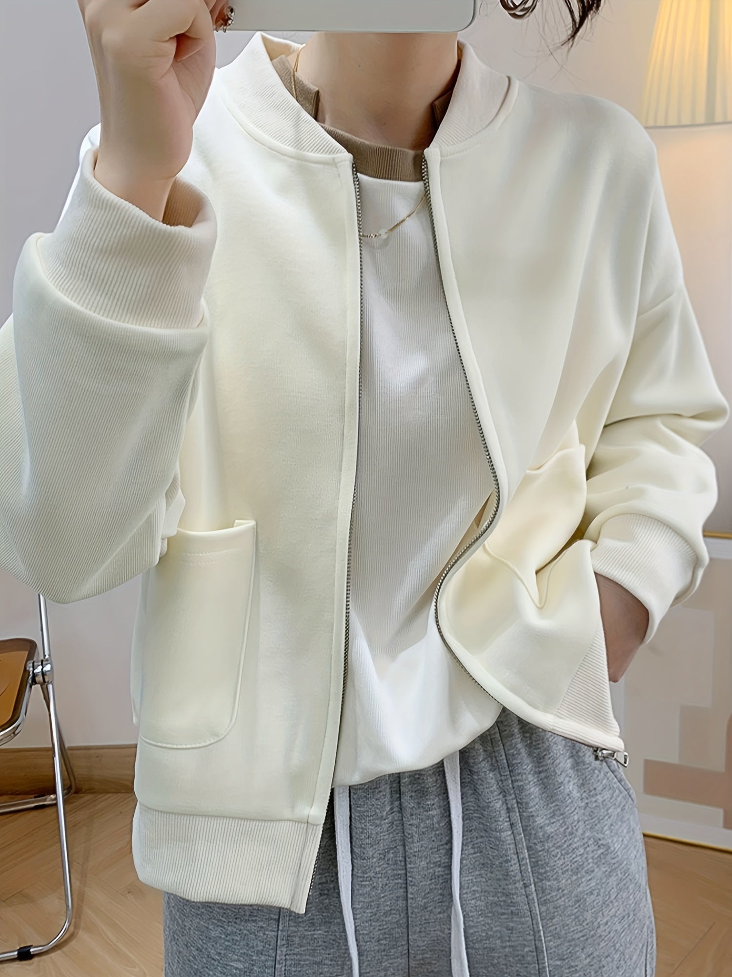 Baseball Neck Solid Jacket Casual Zipper Long Sleeve Outerwear
