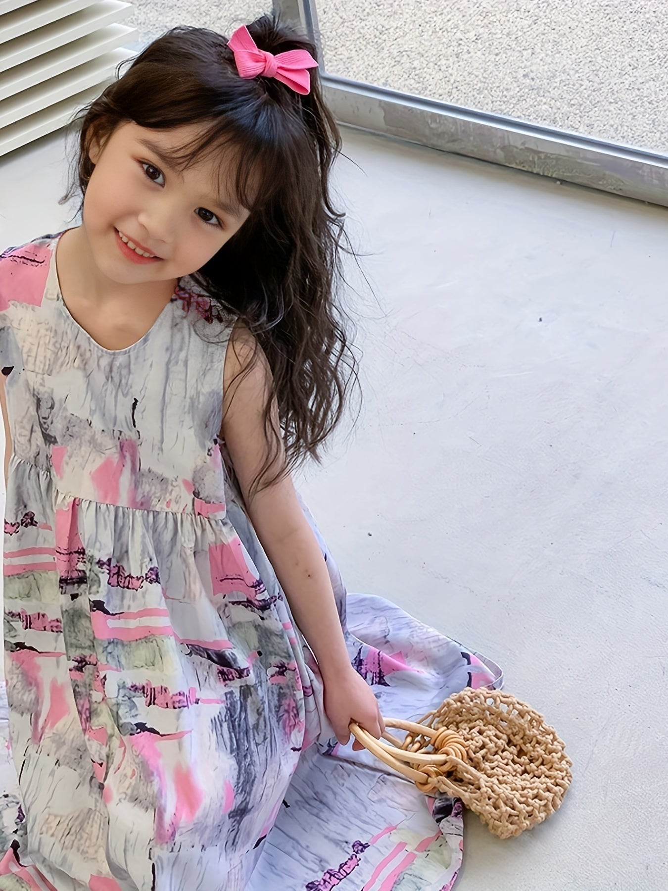 Girl's Brush Stroke Graphic Dress Casual Sleeveless Loose Princess Dress