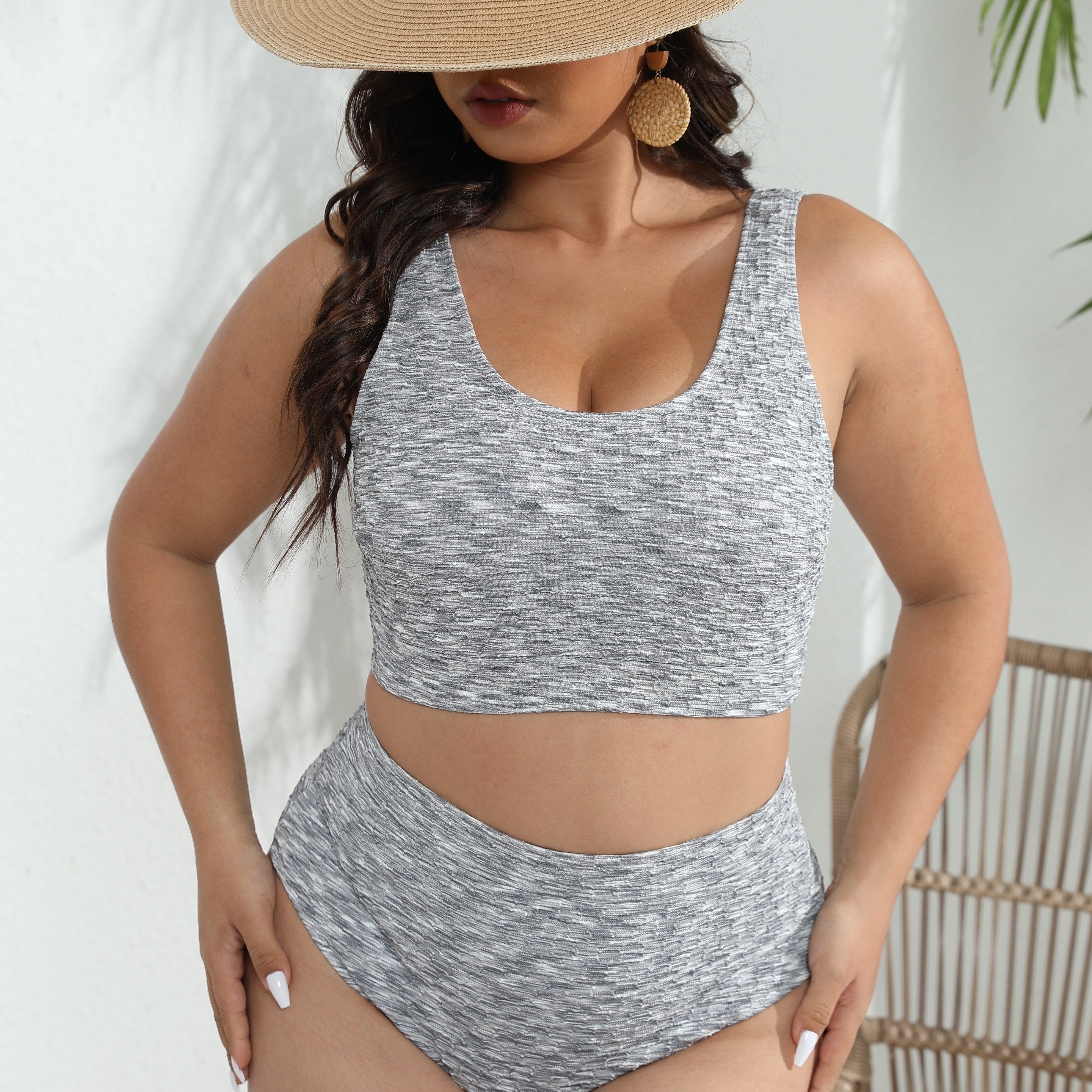 Retro Tankini Set Women's Plus Textured Tank Top & Panty Swimsuit