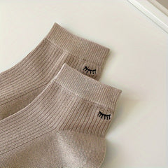 6 Pairs Eyelash Print Socks Women's Short Stockings