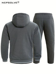 Men's Warm Sports Outfits Zip Up Hooded Jacket & Trousers