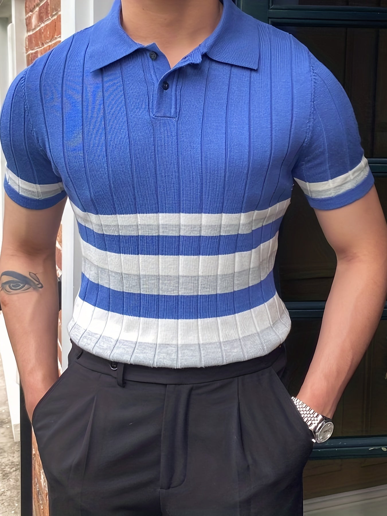 Stripe Pattern Polo Sweater Men's Warm Stretch V Neck Pullover