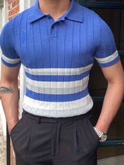 Stripe Pattern Polo Sweater Men's Warm Stretch V Neck Pullover