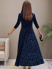 Velvet Floral Maxi Dress Long Sleeve Round Neck