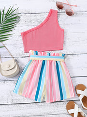 Girls 1 Shoulder Crop Top & Striped Shorts Set Kids Summer Clothes