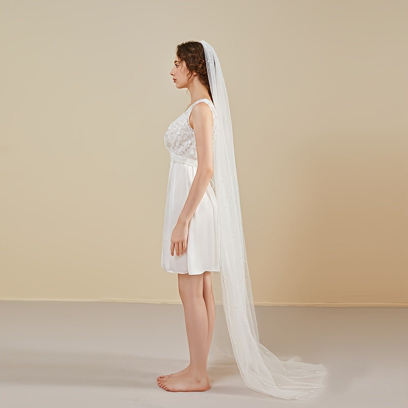 Bridal Veil with Faux Pearls 2m Long Single Layer Mesh