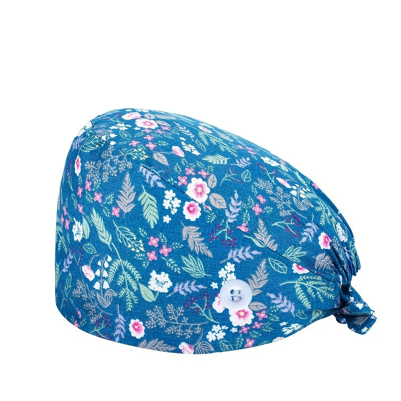 Floral Print Nurse Scrub Cap with Lace Up Elastic - Adjustable Work Hat