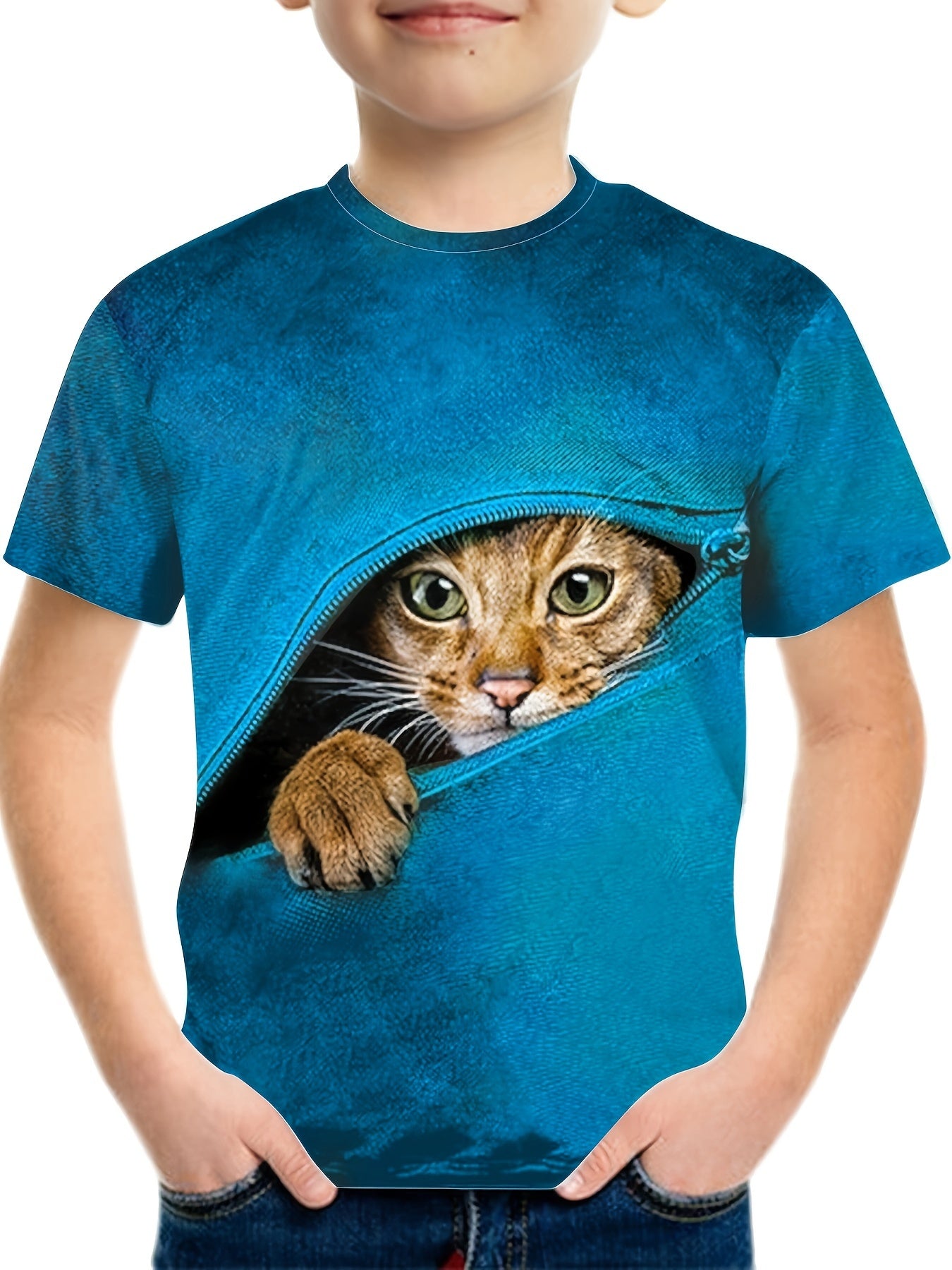 Boy's Zipper & Cat Graphic T shirt Casual Slightly Stretch Tee Kid's Clothing