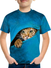 Boy's Zipper & Cat Graphic T shirt Casual Slightly Stretch Tee Kid's Clothing