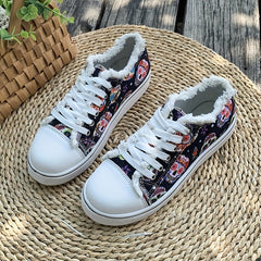 Women's Flat Canvas Sneakers Halloween Skull Pattern Low Top Shoes