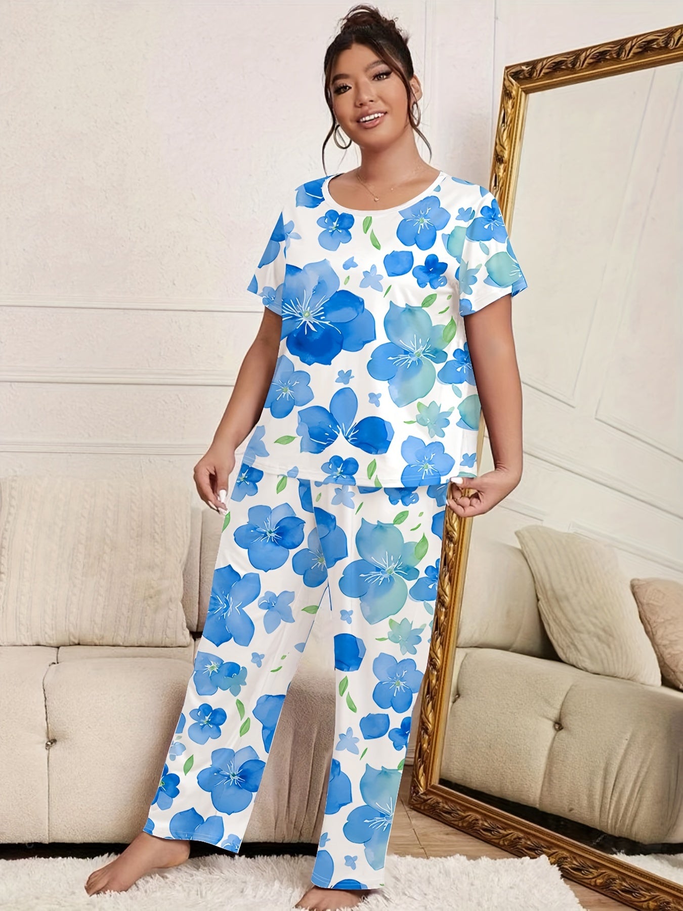 Floral Print Plus Size Pajama Set - Short Sleeve Round Neck T shirt & Pants