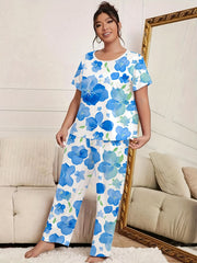 Floral Print Plus Size Pajama Set - Short Sleeve Round Neck T shirt & Pants