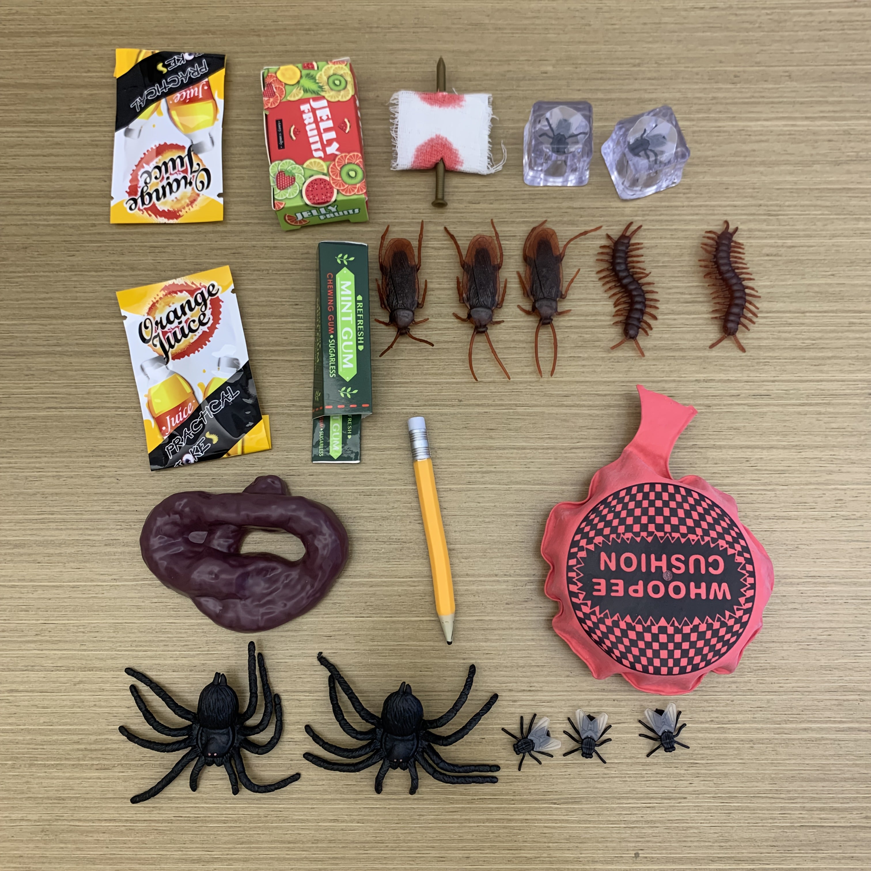 Prank Toys Set - Centipede Giant Spider Finger Ear Fly Gum Fart Mat