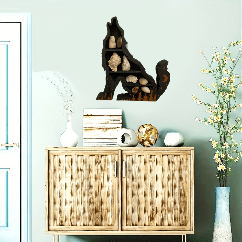 Wolf Shaped Crystal Storage Rack Wooden Wall Mounted Display Organizer