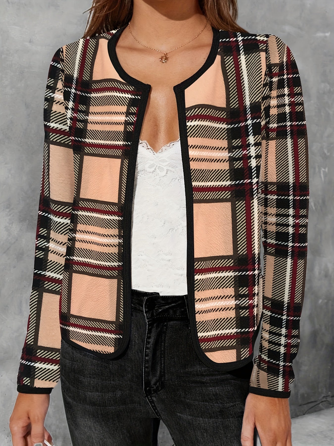 Plaid Print Crew Neck Jacket Casual Open Front Long Sleeve Outwear