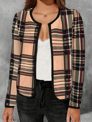 Plaid Print Crew Neck Jacket Casual Open Front Long Sleeve Outwear