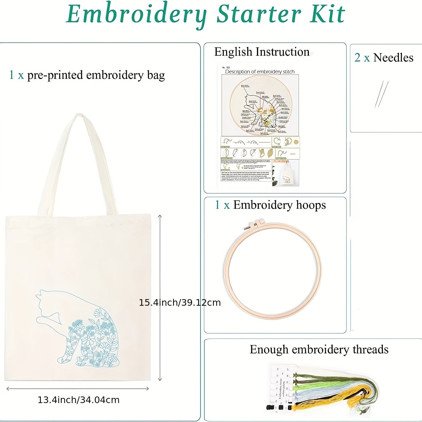 Embroidery Kit: Kitten Pattern Tote Bag with Hoop & Needles