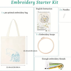Embroidery Kit: Kitten Pattern Tote Bag with Hoop & Needles