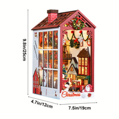 DIY 3D Wooden Puzzle LED Christmas House Booknook Bookshelf Decor