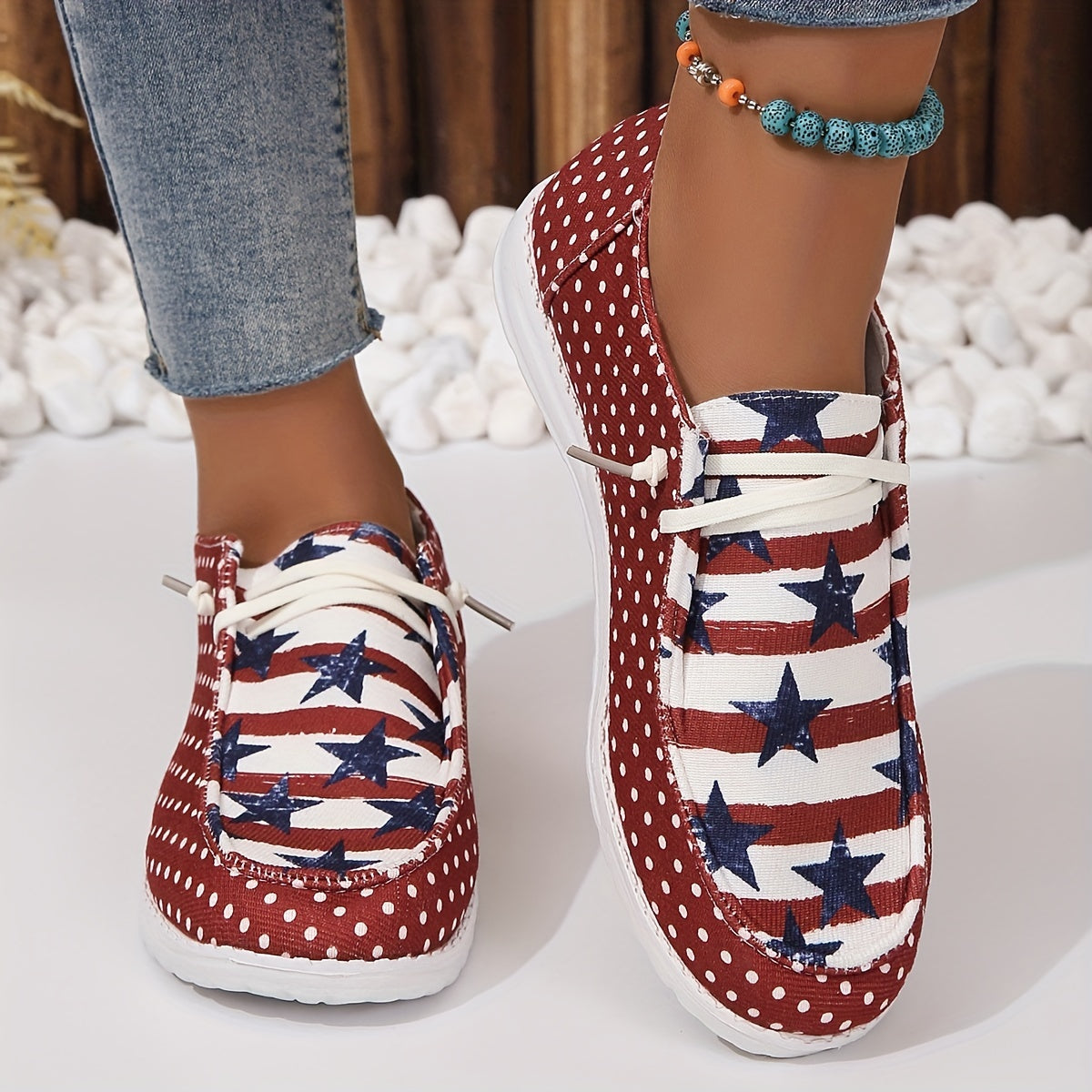 Women's Polka Dot & Star Pattern Canvas Shoes Casual Lace Up Outdoor Shoes