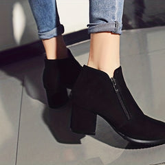 Women's Chunky Heeled Ankle Boots Round Toe Side Zipper Mid Heel Shoes