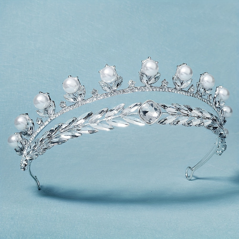 Crown Hair Band Rhinestone & Faux Pearl Decor Headband Bridal Wedding Headwear