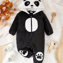 Panda Shape Embroidered Long Sleeve Creeper Fleece Zip Up Hood