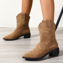 Retro Western Mid Calf Boots Embroidered Pointed Toe Chunky Cowgirl Boots