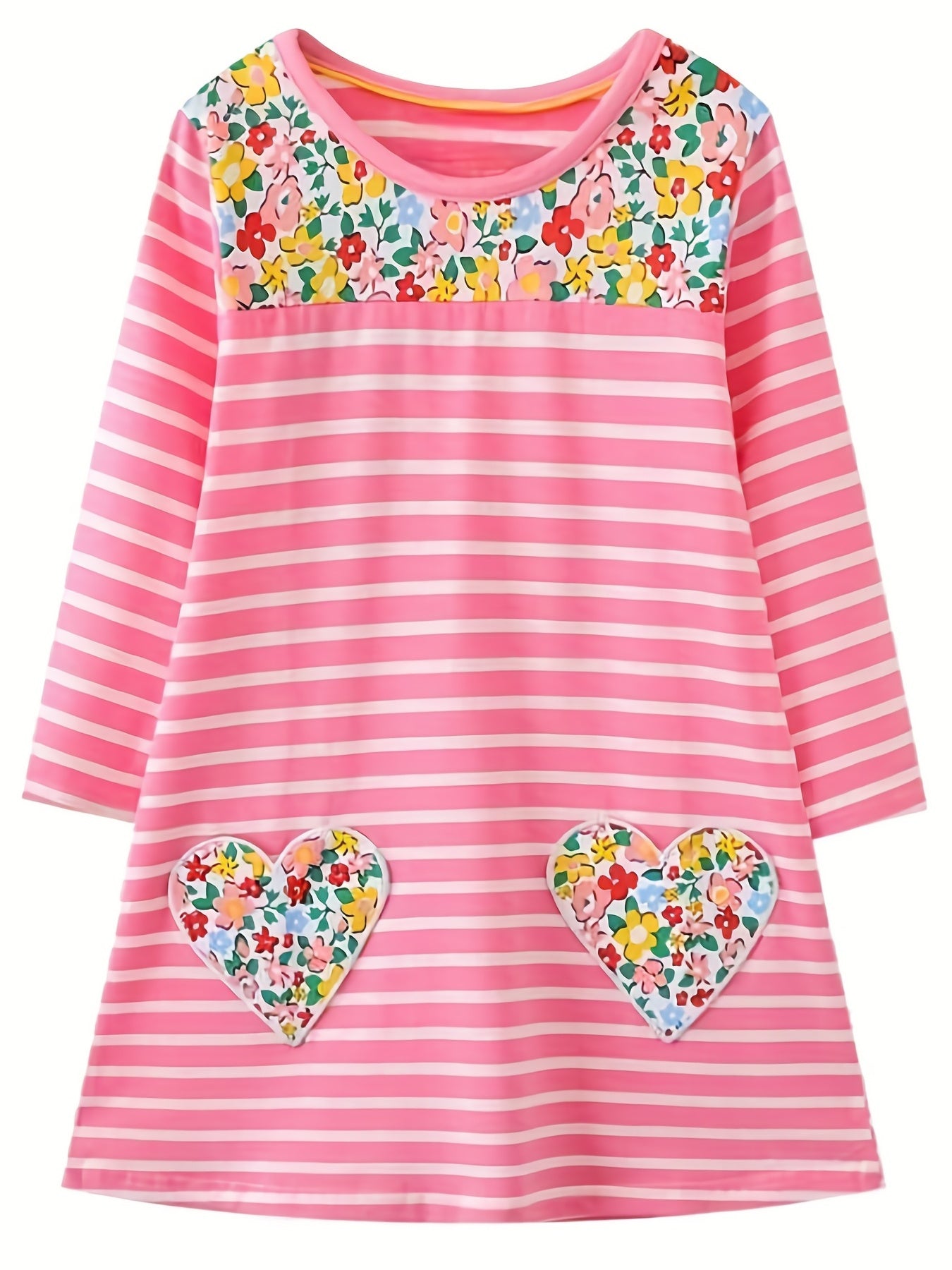 Girls' Stripe Flower Patch Long Sleeve Dress 2-8 Years