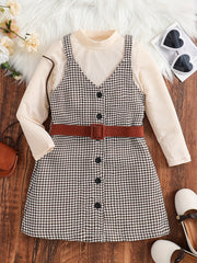 Girl's 2pcs Ribbed Top & Houndstooth Dress Set
