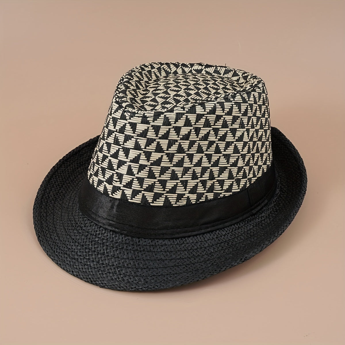 Geometric Plaid Crochet Fedora Cap Lightweight Casual Straw Sun Hat