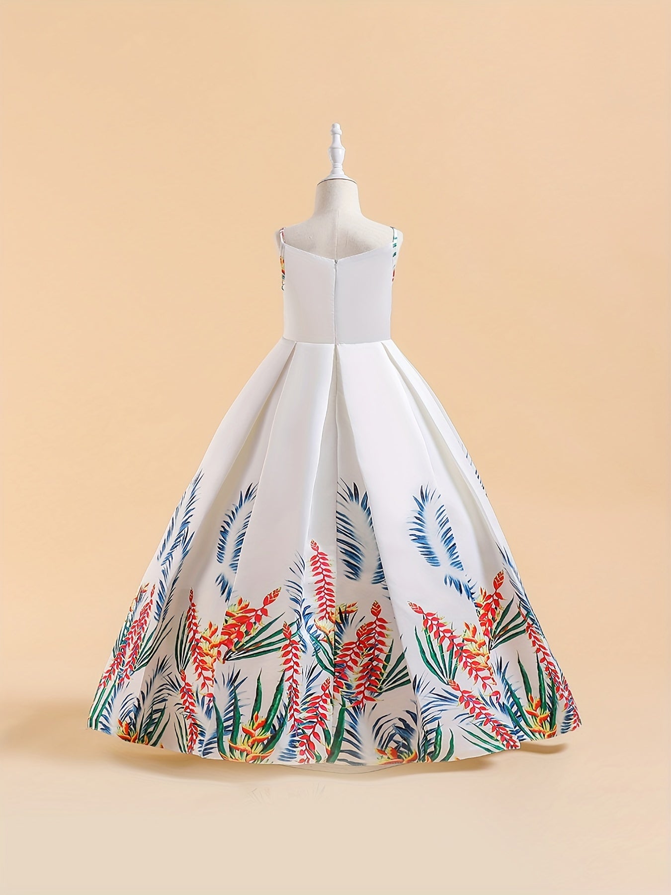Girls Tropical Print Cut Out Pleated Party Dress Suspenders Printed Long Skirt