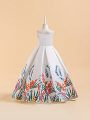 Girls Tropical Print Cut Out Pleated Party Dress Suspenders Printed Long Skirt