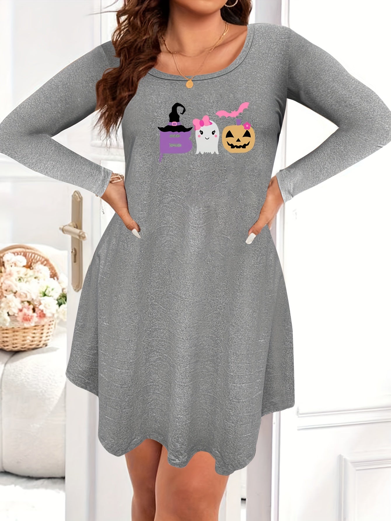 Halloween Nightdress Women's Plus Witch Hat Long Sleeve Sleep Dress