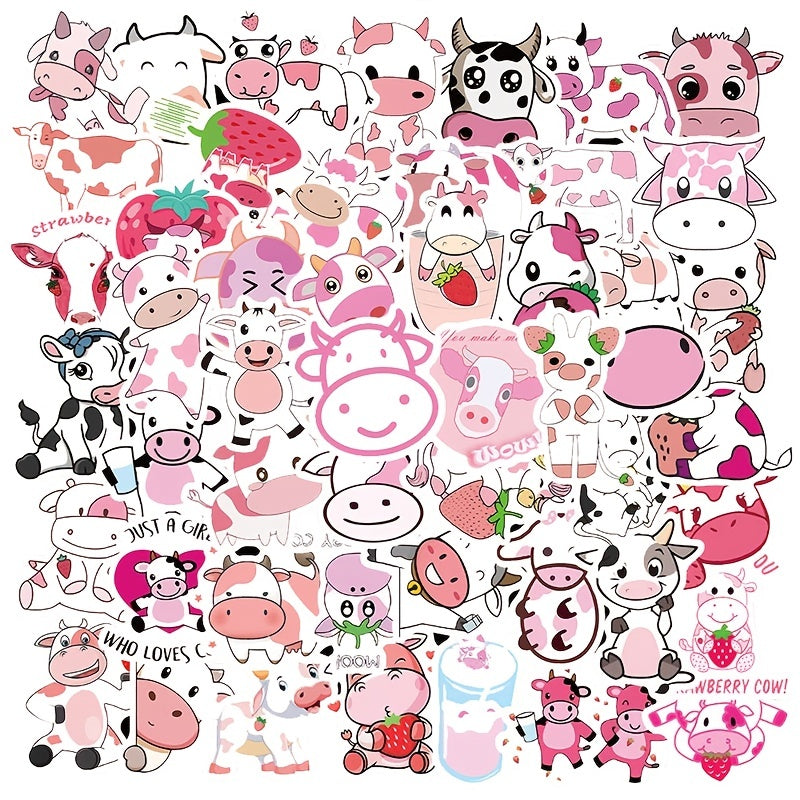 50-100 Pink Cow Stickers Stylistic Cartoon Waterproof Decorative Stickers
