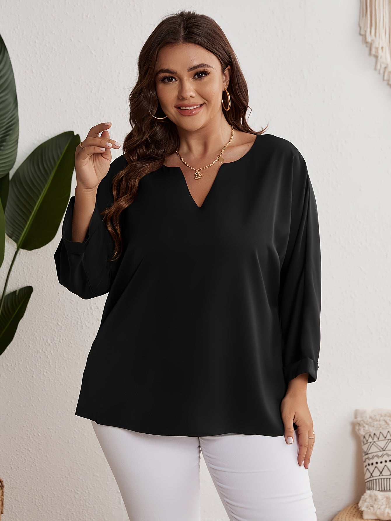 Solid Batwing Sleeve Casual Blouse Loose Fit Top