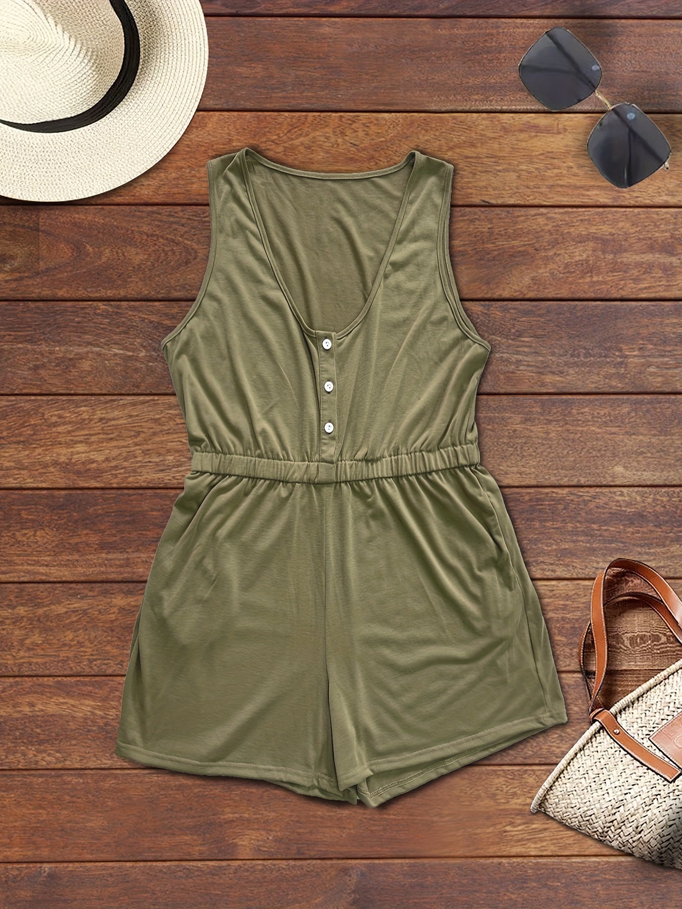 Solid Button Up Round Neck Romper