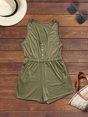 Solid Button Up Round Neck Romper