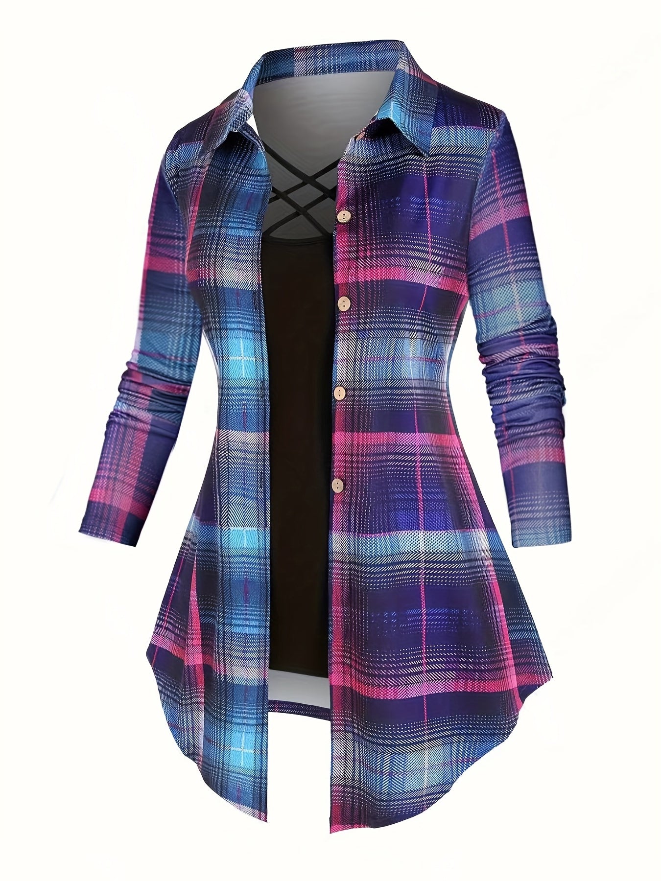 Plaid Button Up Blouse & Cami Top Outfit Set
